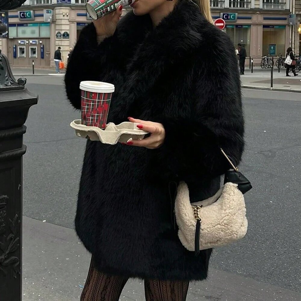 Black Casual Women's Faux Fur Coat